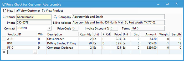 Customer price check window in Acctivate