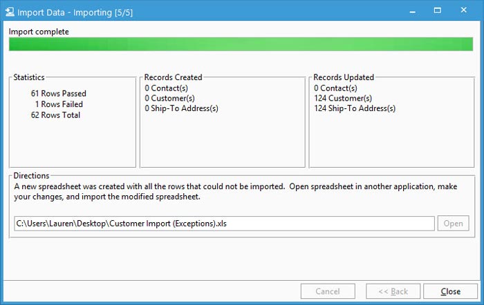 Complete customer import with exceptions