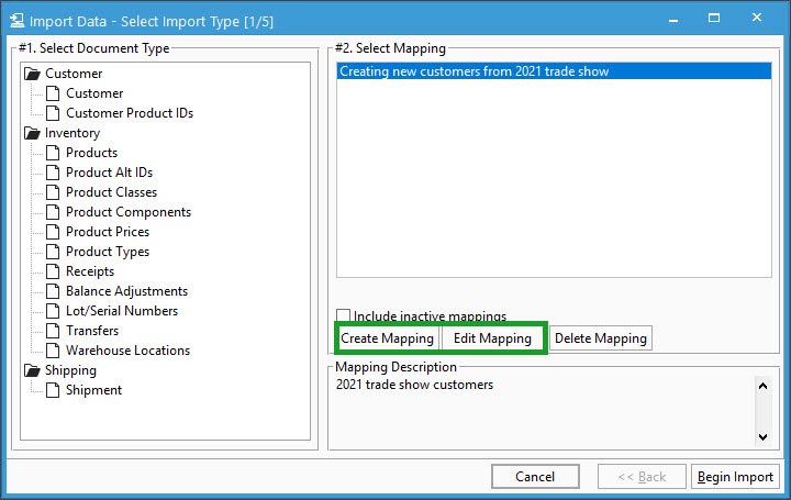 Create and edit mapping for customer import