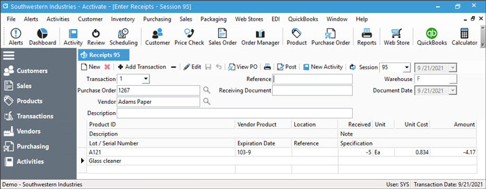 Vendor Return - Purchase Order Receipt