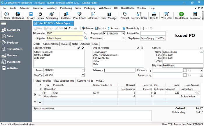 Vendor Return - Purchase Order