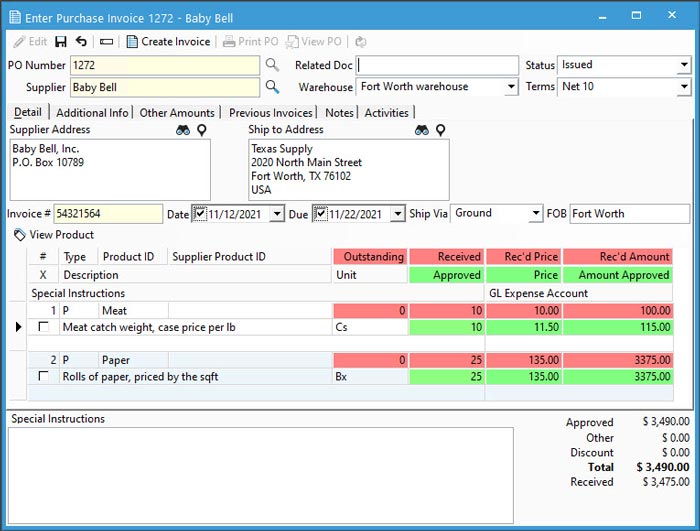 Catch weight on an invoice