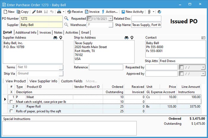 Catch weight on a purchase order