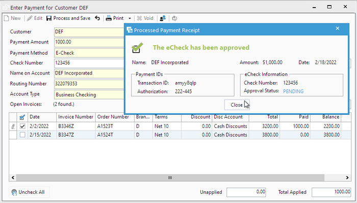 eCheck processing approval 
