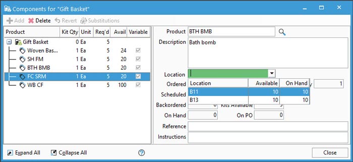 Select Location on Kit Component