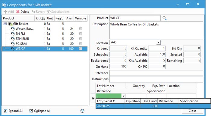 Select Lot Number on Kit Component