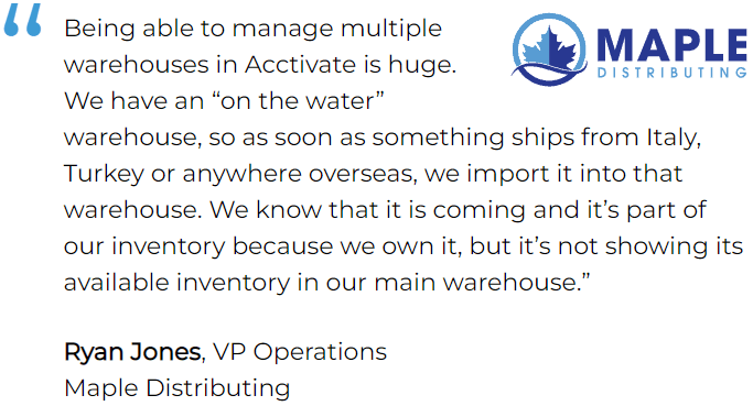 Wholesale ERP Software enables user to manage multiple warehouses, including "on the water" warehouses used for importing