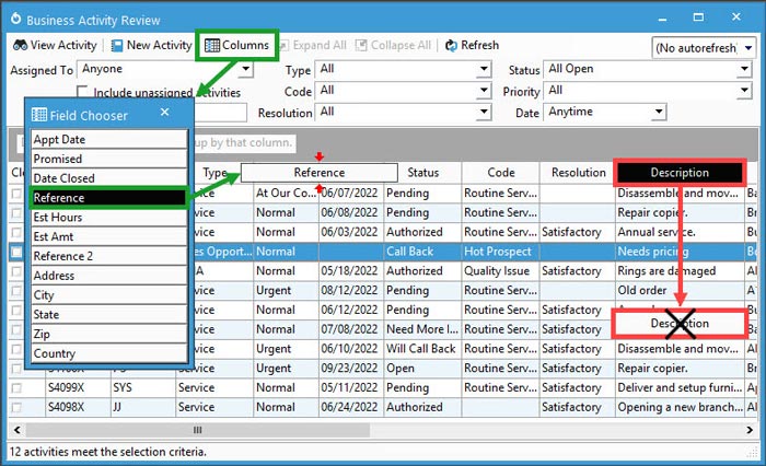 Add or Remove Columns from Business Activity Review