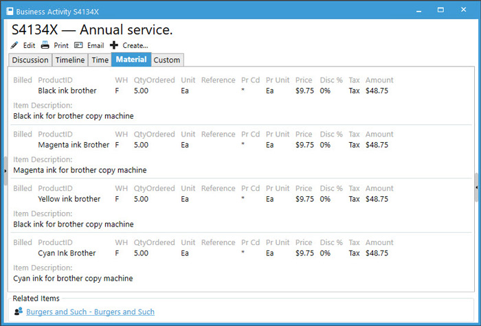 Business Activity Material Tab