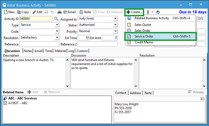 Create Service Order from Enter Activity