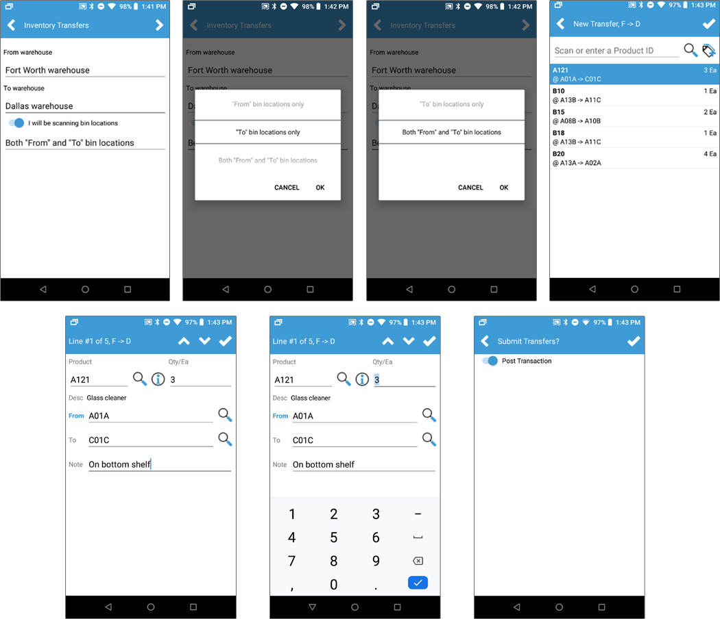 Transfer inventory across multiple warehouses and/or multiple locations within a single warehouse