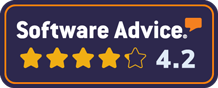 Badge showing high star rating based on Software Advice reviews, including those from packaging industry ERP users