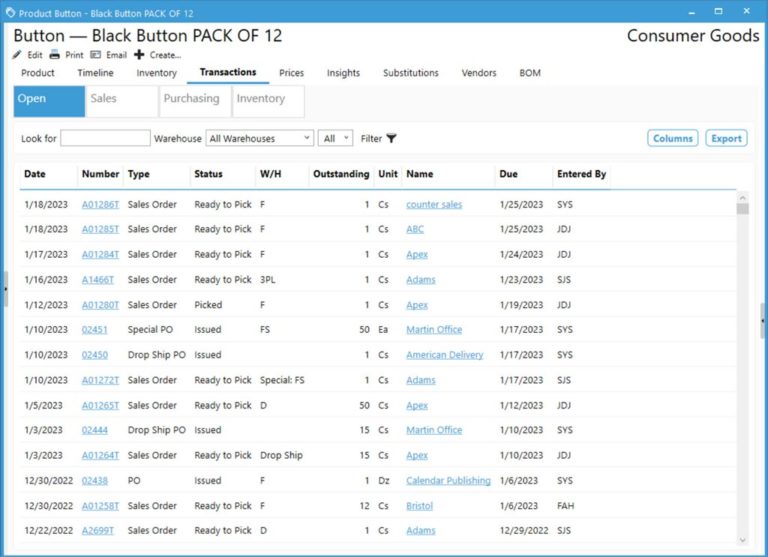 Acctivate V12 - Product List Transactions tab