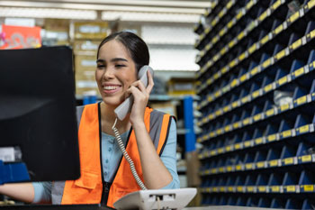 Female on phone talking about the best warehousing software to manage inventory and business operations