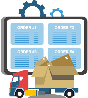 Graphic of a computer with orders on the screen and a delivery truck representing order management and fulfillment.