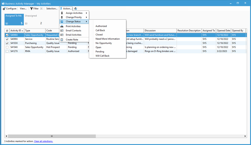 Acctivate V12.1 - Business Activity Manager, change status