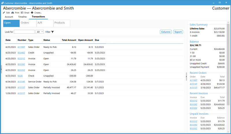 Acctivate V12.1 - Customer Transactions tab