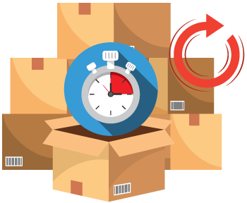 Illustration of boxes and stop watch to show timely order processing and fulfillment - what order management software provides.