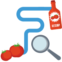 Graphic of the movement of ketchup from source to end-product with magnifying glass to represent lot traceability available at all times within a food wholesale software
