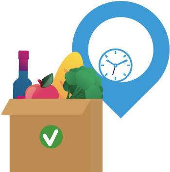 Graphic of box of food & beverage with location pin and clock in the background to represent real-time inventory management software for food manufacturers