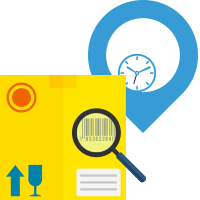 Graphic of a box with a magnifying glass and location pin with a clock to represent real-time QuickBooks inventory tracking