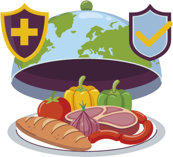 Graphic of food on world covered platter and safety and quality control badges to represent software for food manufacturers that  helps with regulatory compliance and traceability