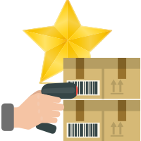 Graphic of boxes with barcodes being scanned + a star to represent advanced inventory control capabilities in Acctivate software