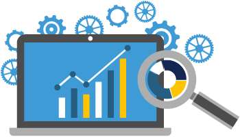 Graphic of laptop with a graph, gears and magnifying glass with circle graph to represent the role of software in developing business improvement strategies