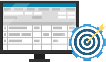 Graphic of computer screen with software and bullseye in a target shaped like a gear to represent finding the right software for implementing business improvement strategies