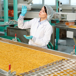 Person in food production facility implementing best practices in food manufacturing inventory management with software