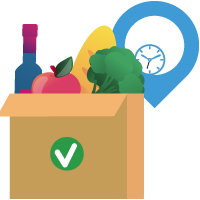 A box of food graphic with a location pin and clock to represent real-time inventory management in a food manufacturing system to track from WIP to completed