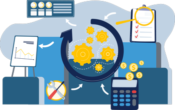 Graphic of gears surrounded by dashboard, checklist, coins and calculator, tools, and graph to represent the responsibilities in purchasing and supply management.