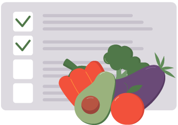 Graphic of food ingredients and recipe card to represent recipe management in software for food manufacturers