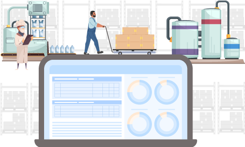 Graphic of large laptop with software on the screen in front of background of food manufacturing facility 
 to represent the powerful solutions of software for food manufacturers