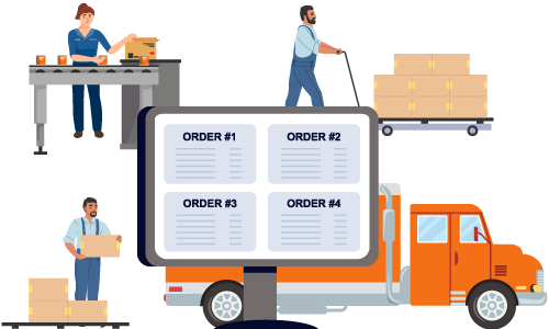 Graphic of orders on software for food manufacturers along with graphics representing packing and shipping to fulfill orders