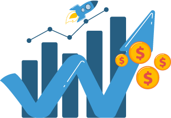 Graphic of growing chart, money and rocket to represent growth and success as a result of implementing business improvement strategies