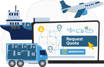 Graphic of ship, truck and plane around a laptop with map locations, delivery methods and request quote button to represent the fundamentals in purchasing and supply management.