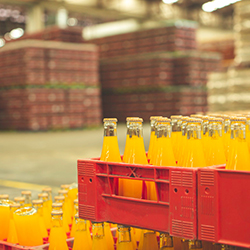 ERP beverage manufacturing tracker of bottled juice Filled juice bottles in crates stacked at warehouse using ERP beverage manufacturing solution