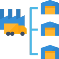 Graphic of a truck in front of factory and lines toward three warehouses represents the tracking of multiple warehouses with ERP for chemical distribution