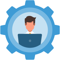 Beverage ERP software is full operational management Graphic of person on laptop inside a gear represents a full business management with beverage ERP software