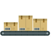 Graphic of shipping boxes on conveyor belt represents a boost in order fulfillment by cosmetics supply chain management