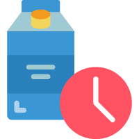 Graphic of a carton behind a clock represents the management of expiration dates for food and beverage with milk distribution software