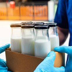 A person handing someone else a box of milk bottles being tracked from production to delivery with milk distribution software