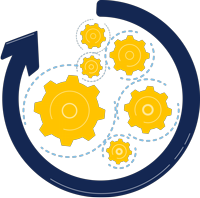 Gears encircled by arrow to signify real-time sync of order and inventory management for QuickBooks Online with Acctivate