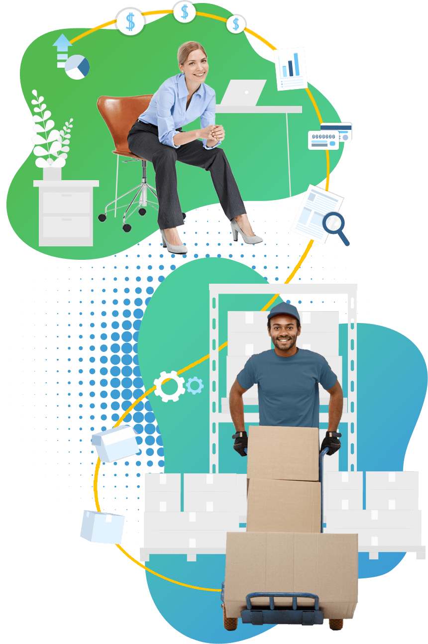 Graphic of accounting personnel and operational/warehouse personnel of a business representing Acctivate inventory management software for QuickBooks, which connects Acctivate and QuickBooks