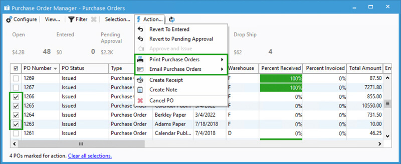 Screenshot of Purchase Order Manager shows how to print or email Purchase Orders