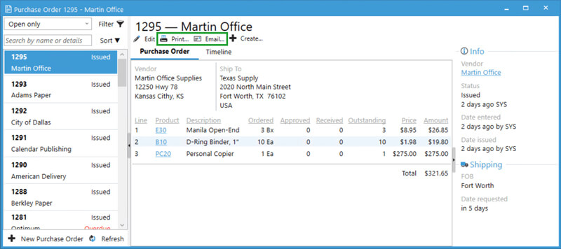 Screenshot of Purchase Order window highlighting the tabs to print or email purchase order to vendor