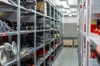 Warehouse with parts stacked on shelves controlled with spare parts management system