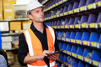 Worker looks for parts to fill order with spare parts management system
