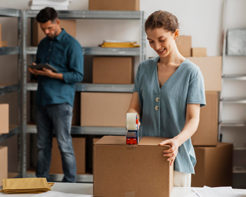 Workers packing products during order fulfillment with multichannel inventory management
